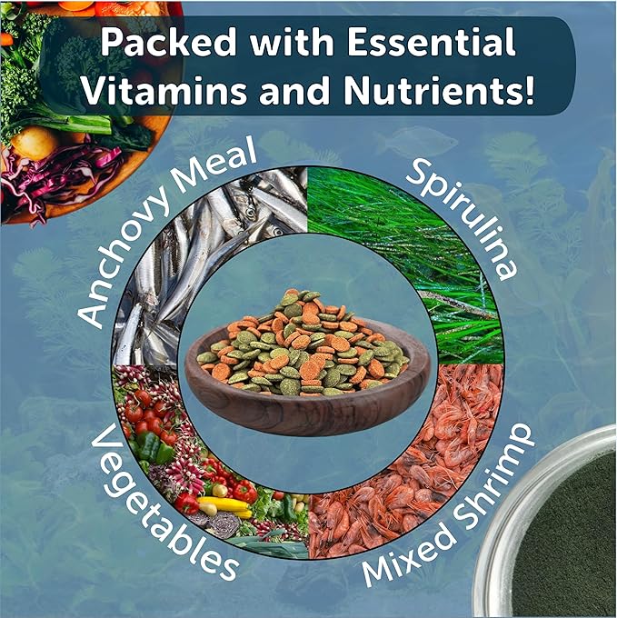 Aquatic Foods Inc. 8mm - 1/3" Small Sinking Wafers of Spirulina, Algae & Color Enhancing Wafers for Bottom Fish, Shrimp, Snails & Tropicals. With 4-Type Wafer & 12-Type Pellet Mix ...1-lb 5oz Canister