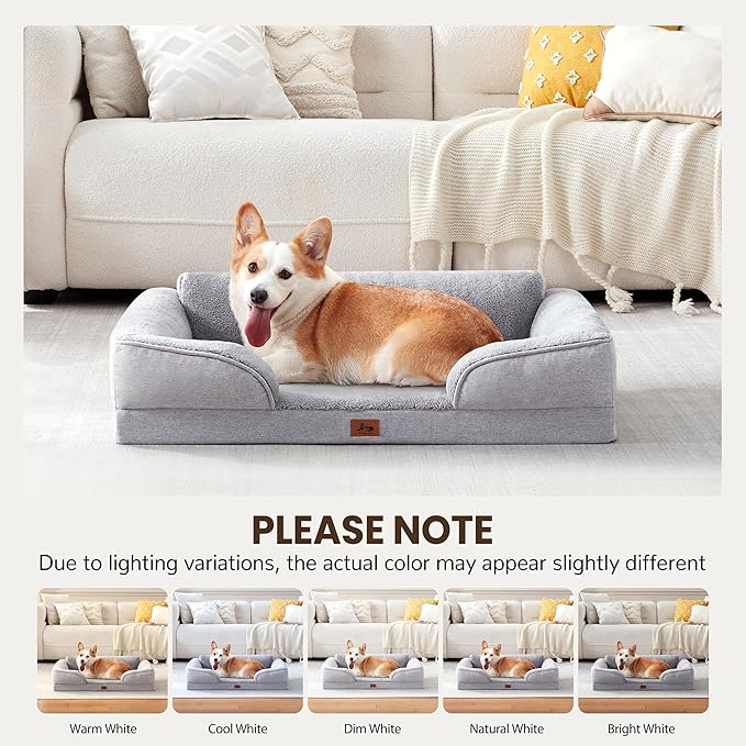 Orthopedic Dog Beds for Medium Size Dogs, Waterproof Egg-Crate Foam Pet Couch Bed with Soft Sides, Non-Slip Dog Sofa with Fleece Removable Washable Cover, 28"L Supportive Pet Sofa, Light Grey