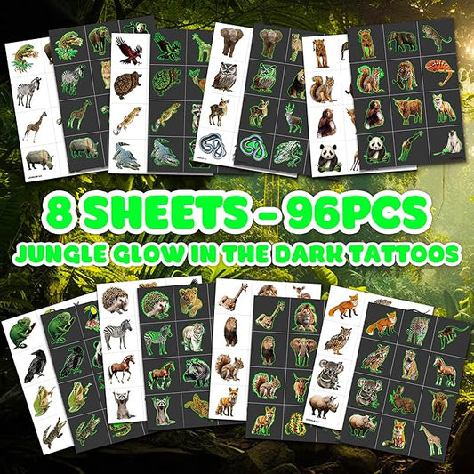 96 PCS Realistic Wildlife Jungle Animal Glow In The Dark Luminous Pre-Cut Temporary Tattoos Sticker Reptile Birthday Party Decorations Supplies Favors Gifts Boys Girls Zoo Cute Fake Tattoo Themed