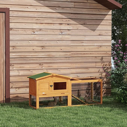 PawHut Rabbit Hutch, 2 Story Outdoor Bunny Cage with Slide-Out Tray, Run Cage, Openable Top for Rabbits, Guinea Pig, Yellow