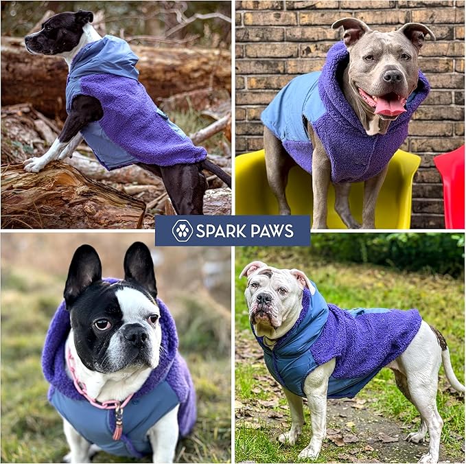 Spark Paws Reversible Dog Sweater, Sherpa Jacket Vest with Warm Fleece Lining, Warm Coat for Winter, Suitable for Small Medium, Large, XL XXL Dogs - Purple and Navy Blue - M