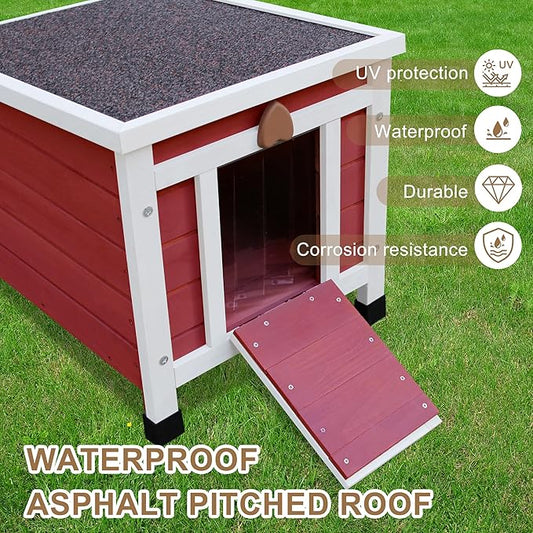Waterproof Cat House for Outdoor Cats, Wooden Small Pet House Outside, Weatherproof Feral Cat Shelter with Elevated Floor and Lockable Door - Red