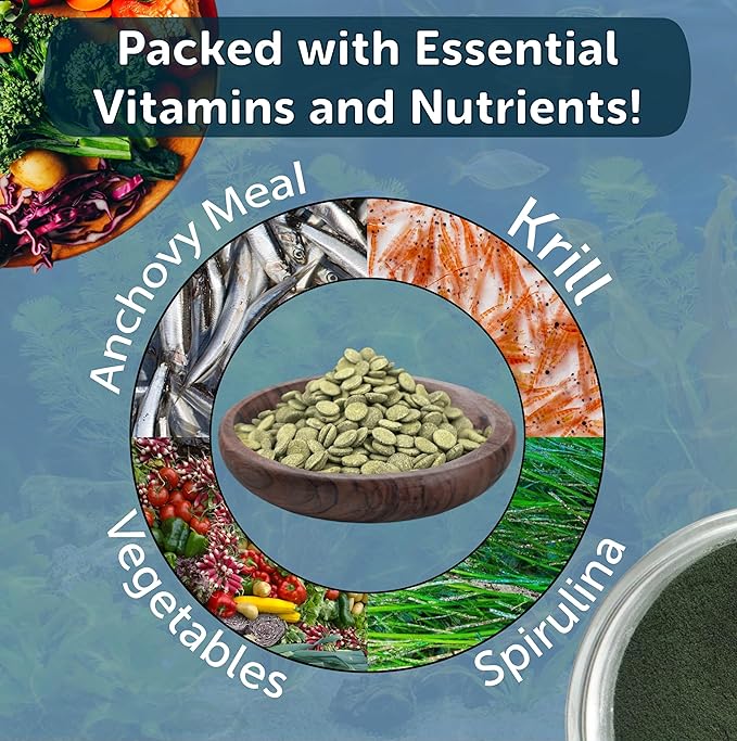 Aquatic Foods Inc. 8mm - 1/3" Small Sinking Wafers of Spirulina, Algae for Bottom Fish, Plecos, Catfish, Shrimp, Snails, Crabs & Tropicals. 4-Type Wafer & 12-Type Pellet Mix Included...10oz Canister