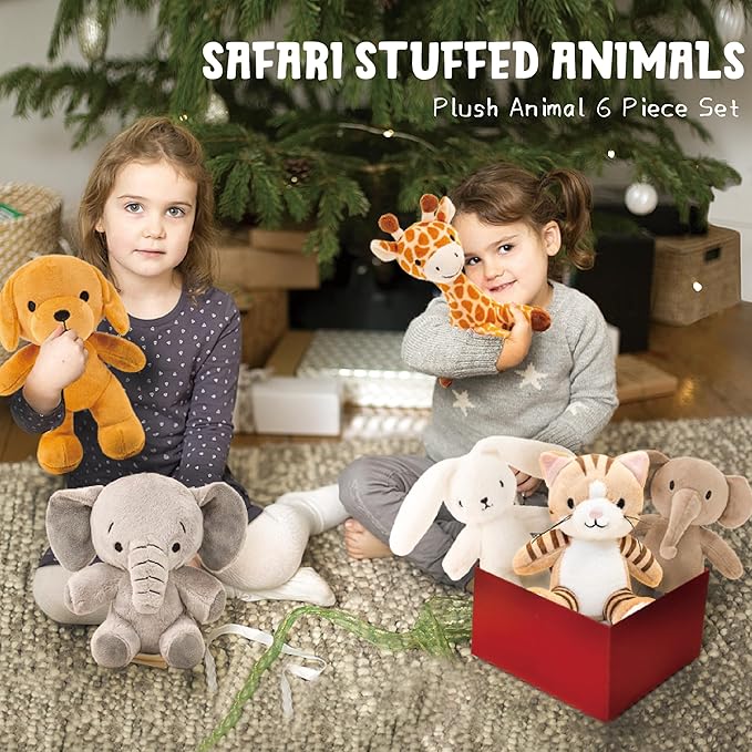 6 Pcs Stuffed Animals Bulk, 11 Inch Plush Animals, Safari Stuffed Animals, Small Stuffed Safari Animals, Cat Dog Elephants Giraffe Bunny for Party Animal Themed