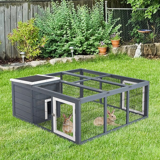 PawHut Rabbit Hutch Bunny Cage with Openable Main House, Indoor Outdoor Waterproof Rabbit House, Guinea Pig Cage for Rabbits, Chickens, Ducks, Small Animals with Three Ventilation Doors, Gray