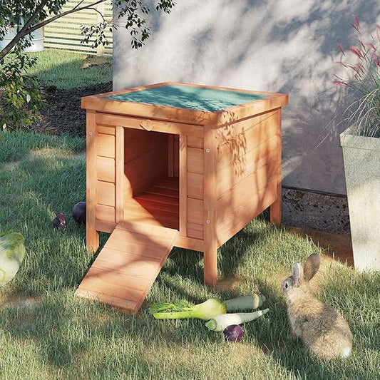 PawHut Small Wooden Rabbit Hutch Bunny Cage Guinea Pig Cage Duck House Dog House with Openable & Waterproof Roof, Natural