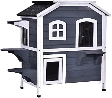 PawHut 2-Story Cat House Outdoor, Weatherproof Wooden Cat Enclosure for Feral Cats with Escape Door, Openable Roof, Jumping Platforms, Gray