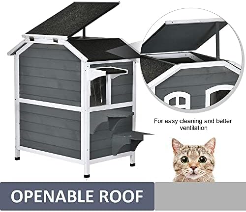 PawHut 2-Story Cat House Outdoor, Weatherproof Wooden Cat Enclosure for Feral Cats with Escape Door, Openable Roof, Jumping Platforms, Gray