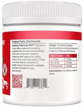 Cranberry D Mannose MAX- Dog Urinary Tract (UT) Health, Bladder and Kidney Support Supplement - UTI Bladder Control for Dogs-Granules (90 Doses)