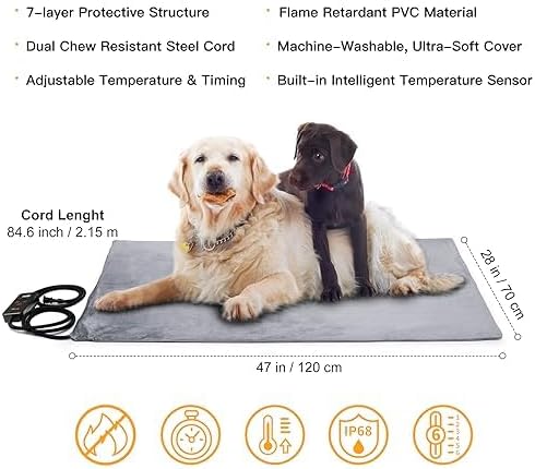 Toozey Extra Large Pet Heating Pad, 6 Adjustable Temperature Dog Cat Heating Pad with Timer, Waterproof Heated Dog Bed with Chew Resistant Cord, Indoor Electric Pet Heated Mat 47x28in