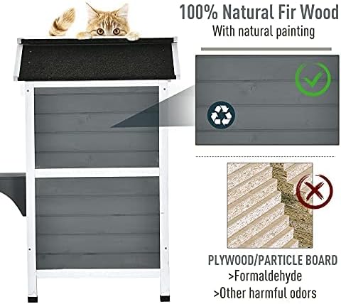 PawHut 2-Story Cat House Outdoor, Weatherproof Wooden Cat Enclosure for Feral Cats with Escape Door, Openable Roof, Jumping Platforms, Gray