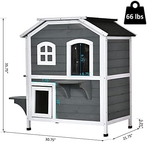 PawHut 2-Story Cat House Outdoor, Weatherproof Wooden Cat Enclosure for Feral Cats with Escape Door, Openable Roof, Jumping Platforms, Gray