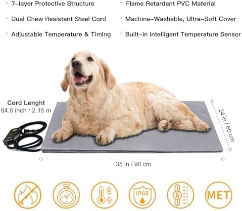 Toozey Large Pet Heating Pad, 6 Adjustable Temperature Dog Cat Heating Pad with Timer, Waterproof Heated Dog Bed with Chew Resistant Cord, Indoor Electric Pet Heated Mat 35x24in