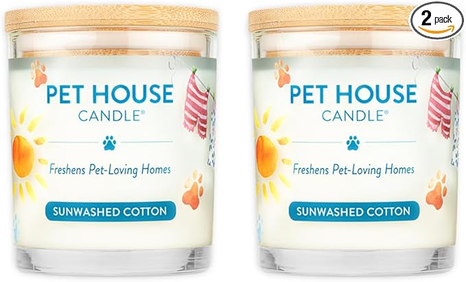 One Fur All Pet House Candle 2 Pack - Plant-Based/Soy - Clean Burning Scented, Long Lasting Pet Odor Candle for Home - Sunwashed Cotton