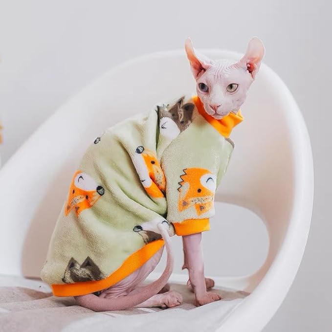 Sphynx Cat Warm Turtleneck Sweater, Thick Soft Double-Sided Fleece Clothes for Cats, Two-Legged Winter Onesie for Cats and Small Dogs,Pjs for Cats and Puppy (Fox, S (2-3.5lbs))