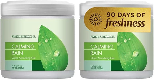 SMELLS BEGONE Air Freshener Odor Absorber Gel - 15 oz, Pack of 2 - Absorbs and Eliminates Odor in Pet Areas, Bathrooms, Cars, & Boats - Made with Essential Oils - Calming Rain Scent
