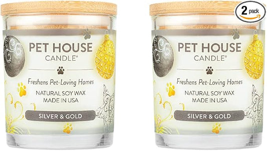 One Fur All Pet Odor Candle 2 Pack, 9 OZ Plant-Based Clean Scented Candles, Long Lasting with a 60 Hour Burn Time, Silver & Gold