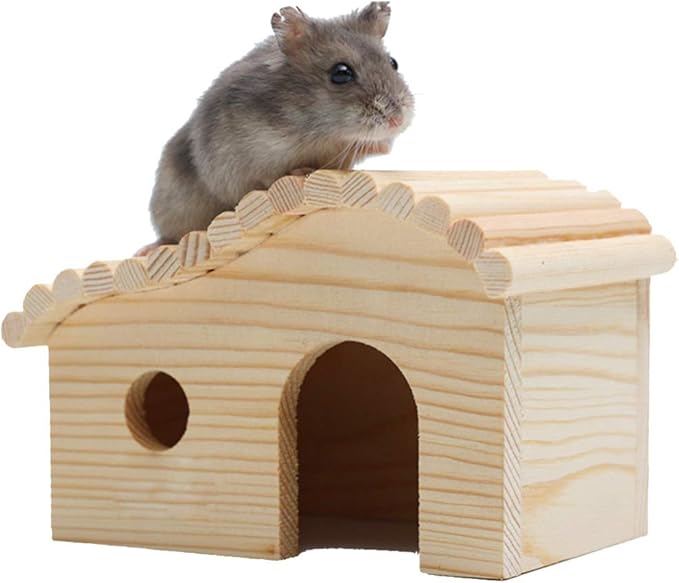 balacoo Wooden Hut Hideout for Hamsters Natural Solid Nesting House Entrance Small Habitat for Pet Promotes Chewing Instincts and Exploration