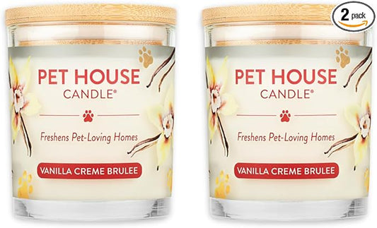 One Fur All Pet House Candle 2 Pack - Plant-Based/Soy - Clean Burning Scented, Long Lasting Pet Odor Candle for Home - Vanilla Crème Brulee