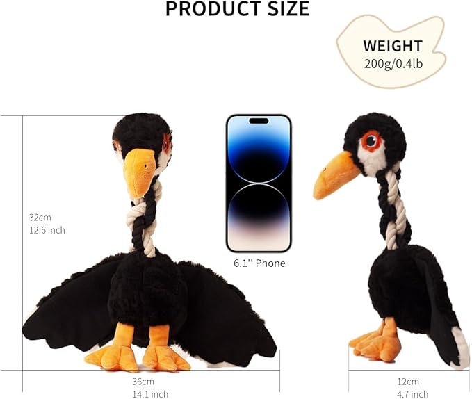 Cute Animal Squeaky Dog Toys for Large and Medium Breeds and Pupplies, Stuffed Chew Toys with Crinkle Paper and Durable Ropes, Soft Tug Plush Dog Toys for Teething (Black Bird)