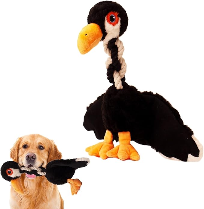 Cute Animal Squeaky Dog Toys for Large and Medium Breeds and Pupplies, Stuffed Chew Toys with Crinkle Paper and Durable Ropes, Soft Tug Plush Dog Toys for Teething (Black Bird)