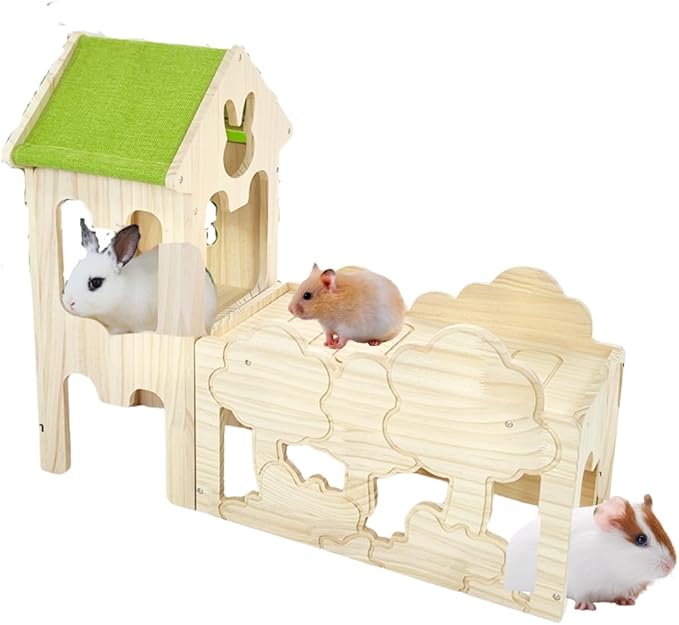 Wooden Guinea Pig Hideout, Bunny Houses and Hideouts Climbing Toys, Hamster Maze, Small Animal Accessories for Rabbit, Chinchilla, Rat, Mice, Gerbil (Combinations 2)