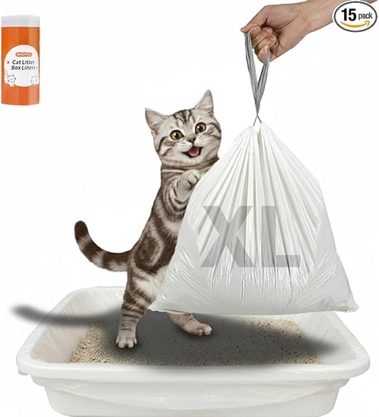 Cat Litter Box Liners, 15 Count Jumbo Size Litter Box Bags with Drawstring, Large Heavy Duty Litter Liners for Self Cleaning Cat Litter Box, Tear Leak Resistant for Pet Supplies(37" x 18")