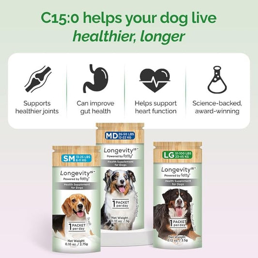 Longevity15 C15:0 Dog Health Supplement (30-Day Supply) & Yummy Combs Dog Dental Treats (8oz Bag) for Extra Large Dogs – C15:0 Fatty Acid for Daily Wellness, Food Topper – VOHC Approved Oral Care
