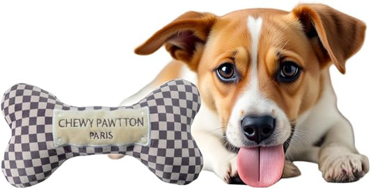 Dog Toy Plush Designer Dog Luxury Toys with Interactive Squeaker Stimulating Pet Enrichment Bone Puppy Checkered Doggie Birthday Gift Boy Girl Soft Chew (Chewypawtton, Large)