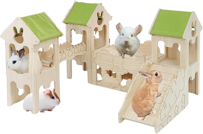 Wooden Guinea Pig Hideout, Bunny Houses and Hideouts Climbing Toys, Hamster Maze, Small Animal Accessories for Rabbit, Chinchilla, Rat, Mice, Gerbil (Combinations 10)