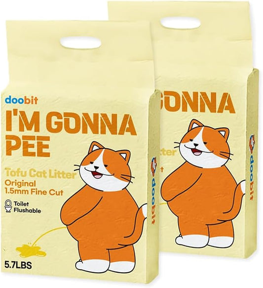 Tofu Cat Litter 1.5mm,100% Natural Ingredients,Strong Clumping,Toilet Flushable,Solubility in Water,Ultra Absorbent, Really Dust-Free,Less Tracking, I'm Gonna Pee (5.7lb x 2pack)