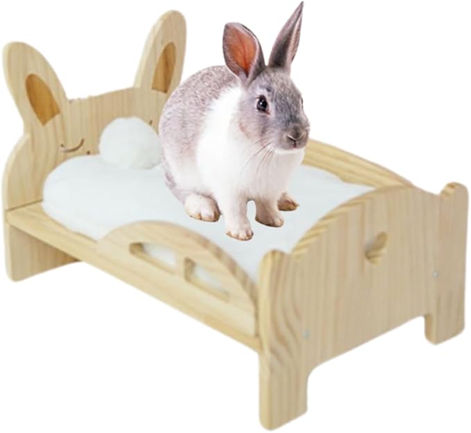 Large Wooden Rabbit Bed - Easy Assemble 13.3"x 8.6" Pet Bed with Support Structure & Removable Cushion for Rabbits, Guinea Pigs, Kittens & Small Animals - Cozy Sleeping Habitat