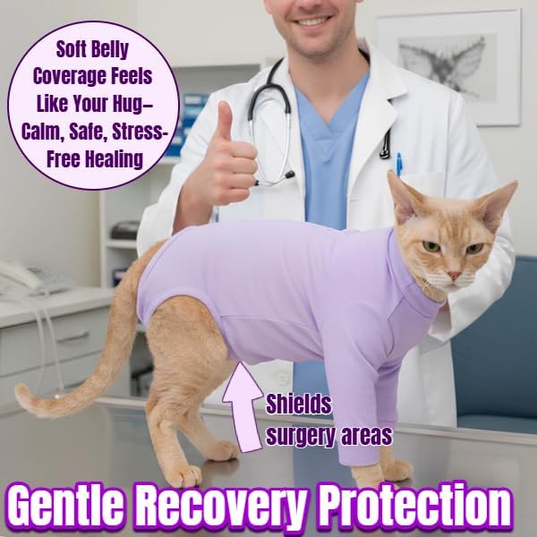 Cat Onesie for Cats After Surgery Male Female, Breathable & Soft Fabric Cats Spay Recovery Suit, Cone Alternative Surgical Suit with Leg Sleeves to Stop Licking, Cat Wound Care Shirt Wear(Purple, M)