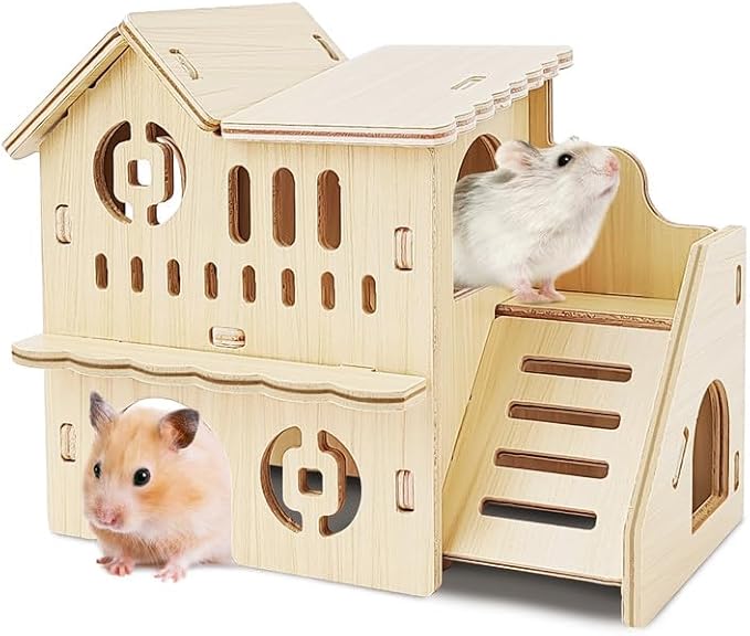Hamster House - Double-Decker Hut With Slide, Guinea Pig Castle, Small Animal Habitat Decor, Cage Accessories