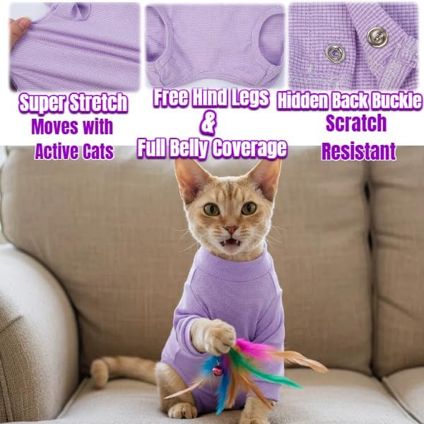 Cat Onesie for Cats After Surgery Male Female, Breathable & Soft Fabric Cats Spay Recovery Suit, Cone Alternative Surgical Suit with Leg Sleeves to Stop Licking, Cat Wound Care Shirt Wear(Purple, M)