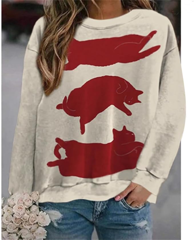 IVERIRMIN Women's 3D Cute Cat Print Sweatshirt Casual Long Sleeve Crewneck Cute Cat Pullover Loose Fit Shirts