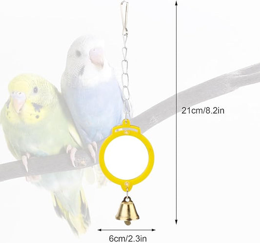 Pet Bird Mirror with Bell Interactive Treat Puzzle Parrot Toy Bird Cage Mirror Small Bird Swing Chew Toys Fun Cage Accessories (Color Random) (Round Shape)