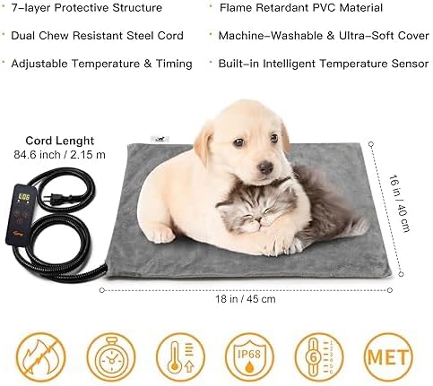 Toozey Pet Heating Pad, 6 Adjustable Temperature Dog Cat Heating Pad with Timer, Waterproof Heated Cat Bed with Chew Resistant Cord, Indoor Electric Pet Heated Mat 18x16in