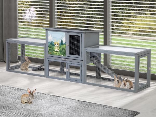 COZIWOW Large Rabbit Hutch Outdoor Indoor, 94.5" L 2-Level Bunny Cage for 2 or More Small Animals, Wooden Pet House with Removable Tray & Multiple Entrances (Modern Grey)