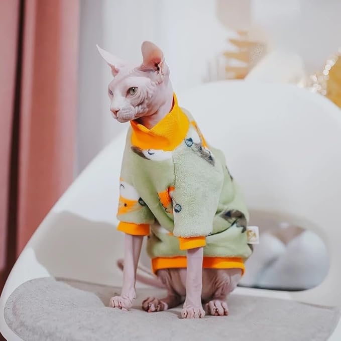 Sphynx Cat Warm Turtleneck Sweater, Thick Soft Double-Sided Fleece Clothes for Cats, Two-Legged Winter Onesie for Cats and Small Dogs,Pjs for Cats and Puppy (Fox, S (2-3.5lbs))