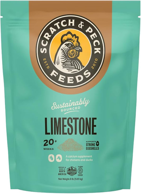 Scratch and Peck Limestone Supplement for Chickens and Ducks - High in Calcium, Made from Pure and Sustainably Sourced Limestone - 8 lbs Bag