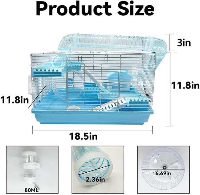 Tfwadmx Dwarf Hamster Cage Small Hamster Habitat Mouse Home Small Animal Cage with Tube Exercise Wheel Hut Rat Habitat for Gerbils Mice 18.5“x11.8”x11.8“ Blue
