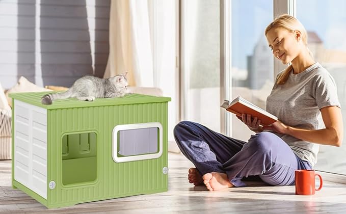 Plastic Cat House for Outdoor Indoor Use, Stackable Feral Cat Shelter Indoor Cat House Weatherproof Waterproof Elevated, with 2-Sided Cushion (Green White)