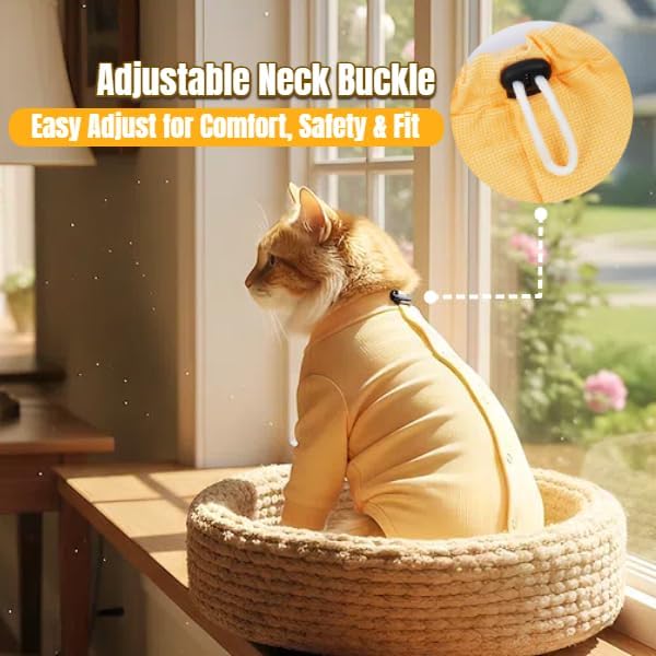 T'CHAQUE Cat Surgery Recovery Suit, Anti-Licking Onesie for Post-Spay/Neuter Abdominal Wound, Cat Recovery Suit with Adjustable Drawstring Collar - Long Sleeve Kitten Surgical Onesie, Orange, S