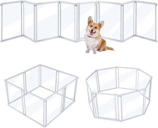unipaws Clear Acrylic Transparent Dog Playpen, 166” Extra Wide 8 Panels Freestanding Walk Through Dog Gate, Foldable Pet Pen Whelping Cage for Puppy Cats