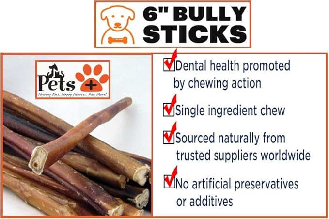 Pets Plus Premium Bart's Bully Sticks for Dogs – 6 Inch, Medium Size, All-Natural, Long-Lasting Chews for Moderate Chewers – High Protein, Low Odor, Grain-Free (10-Pack)
