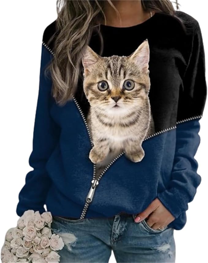 IVERIRMIN Women's 3D Cute Cat Print Sweatshirt Casual Long Sleeve Crewneck Cute Cat Pullover Loose Fit Shirts