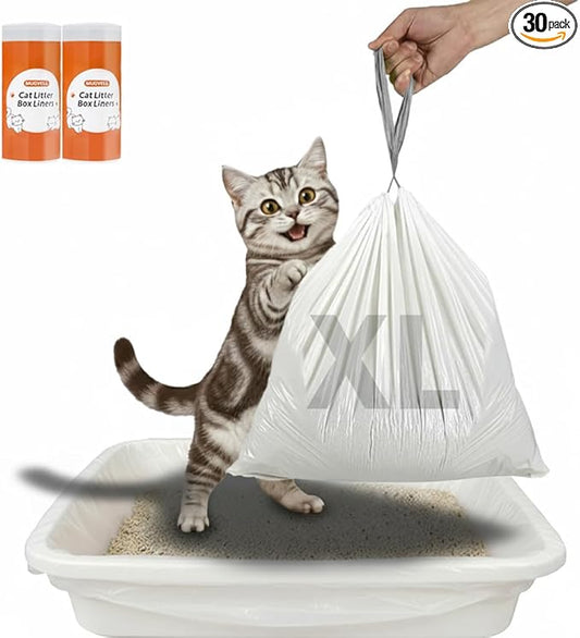 Cat Litter Box Liners 30 Count, 37" x 18" Jumbo Cat Litter Bags with Drawstring, XL Heavy Duty Litter Pan Liners, Litter Box Liners Tear Leak Resistant for Pet Supplies Simple Access