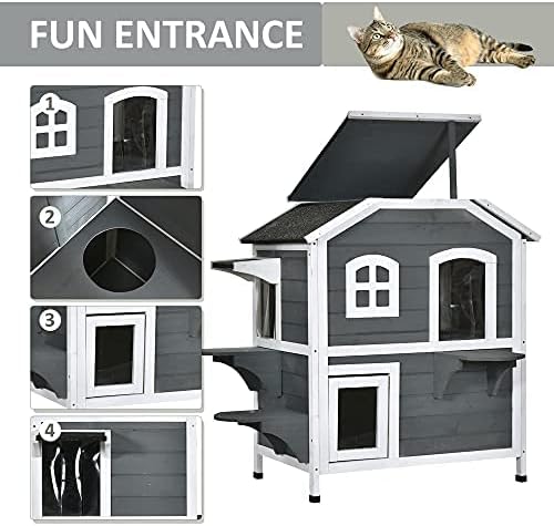PawHut 2-Story Cat House Outdoor, Weatherproof Wooden Cat Enclosure for Feral Cats with Escape Door, Openable Roof, Jumping Platforms, Gray