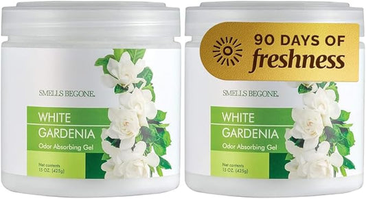 SMELLS BEGONE Air Freshener Odor Absorber Gel - 15 oz, Pack of 2 - Absorbs and Eliminates Odor in Pet Areas, Bathrooms, Cars, & Boats - Made with Essential Oils - White Gardenia Scent